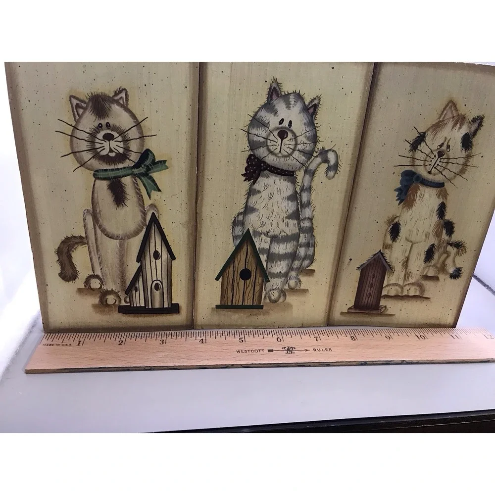 Mary Ann June 3 Hinged Wooden Plaques Of Kittys And Their Birdhouses 11.5